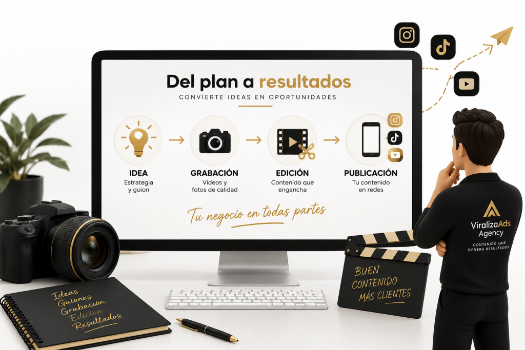 Proceso de creación de contenido para redes sociales en ViralizaAds: estrategia, grabación, edición de vídeo y publicación